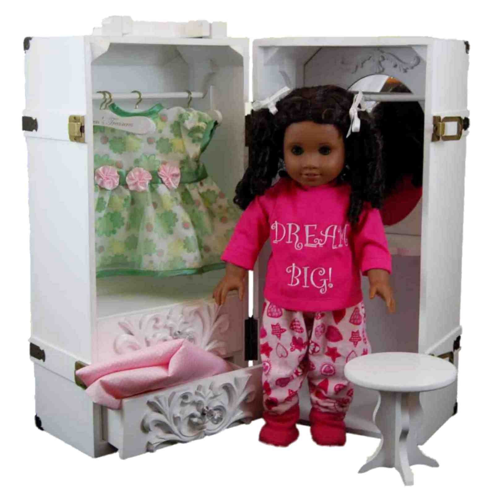 White Wooden Doll Clothes Storage Trunk With Vanity Fits 18