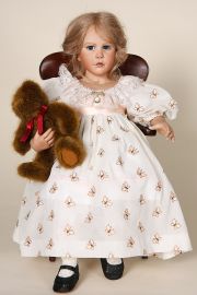 Celeste with Bear - collectible limited edition porcelain soft body art doll by doll artist Amalia Pastor.