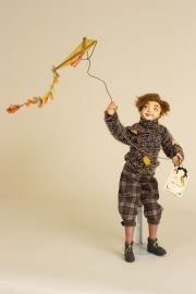 Boy with Kite Autumn - collectible one of kind polymer clay art doll by doll artist Peter Wolf.