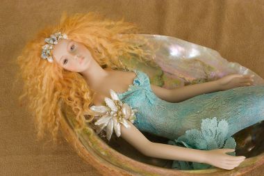 Mermaid in Shell M21 - collectible one of a kind porcelain art doll by doll artist Susan Snodgrass.