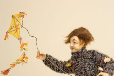 Boy with Kite Autumn - collectible one of kind polymer clay art doll by doll artist Peter Wolf.