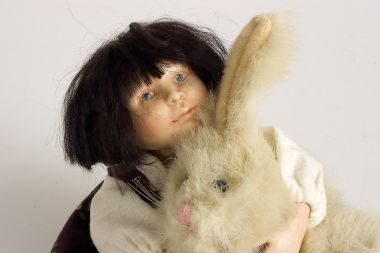 Girl with Bunny no.107 - collectible one of a kind resin art doll by doll artist Hal Payne.