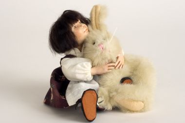 Girl with Bunny no.107 - collectible one of a kind resin art doll by doll artist Hal Payne.