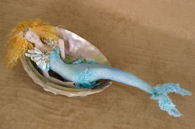 Mermaid in Shell M22 - collectible one of a kind porcelain art doll by doll artist Susan Snodgrass.