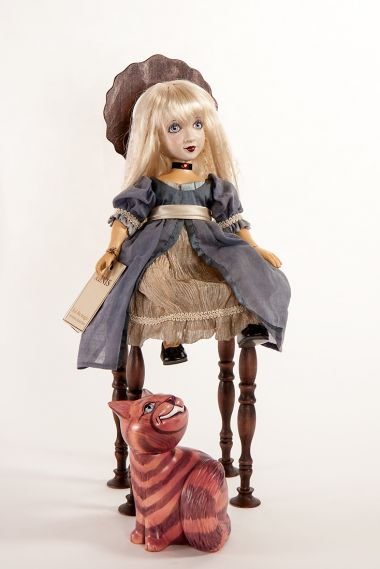 Main image of Alice and Cheshire Cat with chair set wood dolls by Marlene Xenis