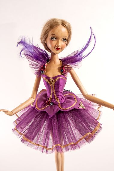 Detail image of Violet Ballerina wood art doll by Marlene Xenis