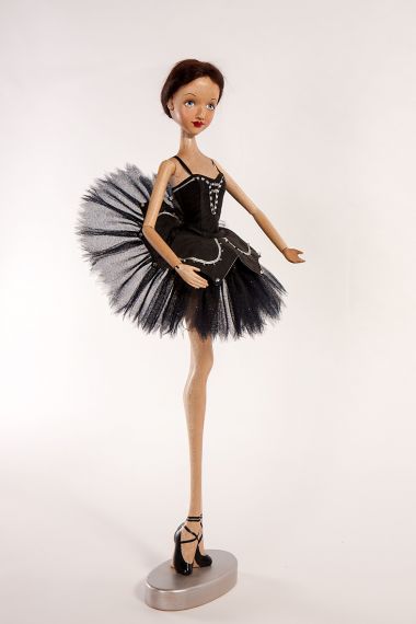 Detail image of Prima Ballerina Black Swan wood art doll by Marlene Xenis
