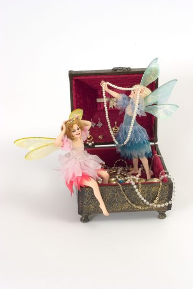 Two Faries in Jewlery - collectible one of a kind porcelain direct sculpted art doll by doll artist Maria Ahren.