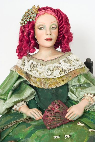 The Green Dress - collectible one of a kind paperclay art doll by doll artist Nancy Wiley.