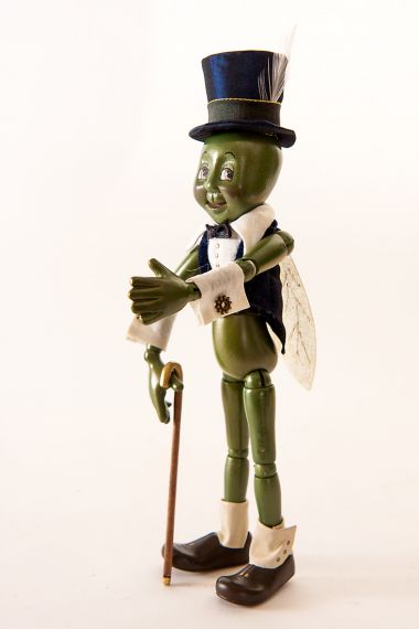 Detail image of Talking Cricket from Pinocchio wood art doll by Marlene Xenis