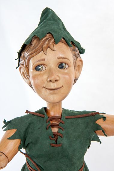 Detail view of Peter Pan wood art doll by Marlene Xenis