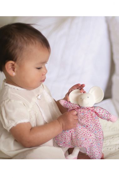 Image of Baby with Meiya Mouse natural rubber soft toy.