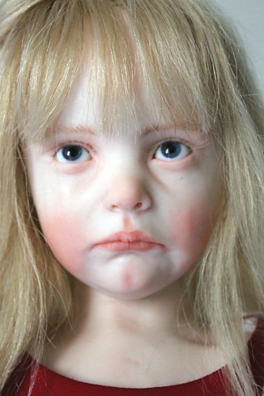 Close-up photo of "So Upset!" one-of-a-kind art doll by Elisa Gallea.