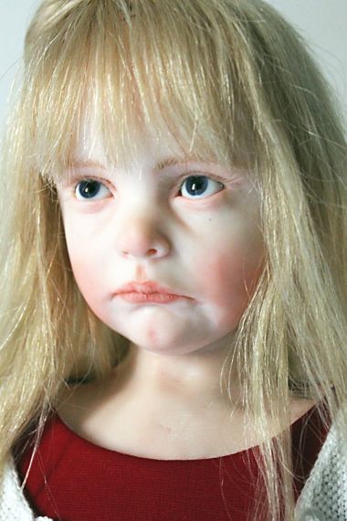Close-up photo of "So Upset!" one-of-a-kind art doll by Elisa Gallea.