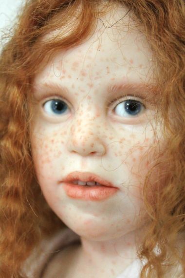Close up face shot of "It's Me" one-of-a-kind cernit doll by Elisa Gallea.