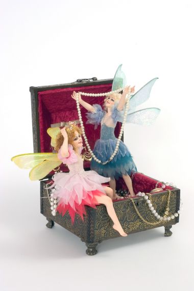 Two Faries in Jewlery - collectible one of a kind porcelain direct sculpted art doll by doll artist Maria Ahren.
