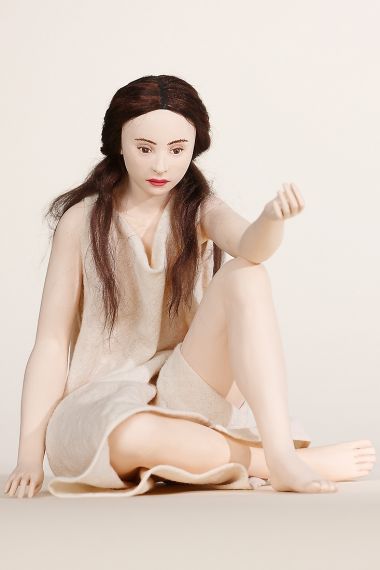Sitting Girl - collectible one of a kind paperclay art doll by doll artist Emily Owen.
