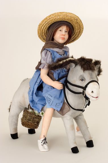 Marsha with Donkey - collectible one of a kind polymer clay art doll by doll artist Odile Segui.