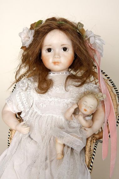 Katja and Baby - collectible one of a kind polymer clay art doll by doll artist Karin Schmeling.