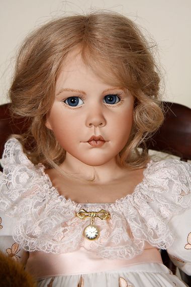 Celeste with Bear - collectible limited edition porcelain soft body art doll by doll artist Amalia Pastor.