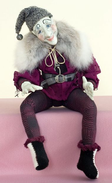 Sitting Jester - collectible limited edition resin art doll by doll artist Kathryn Walmsley.